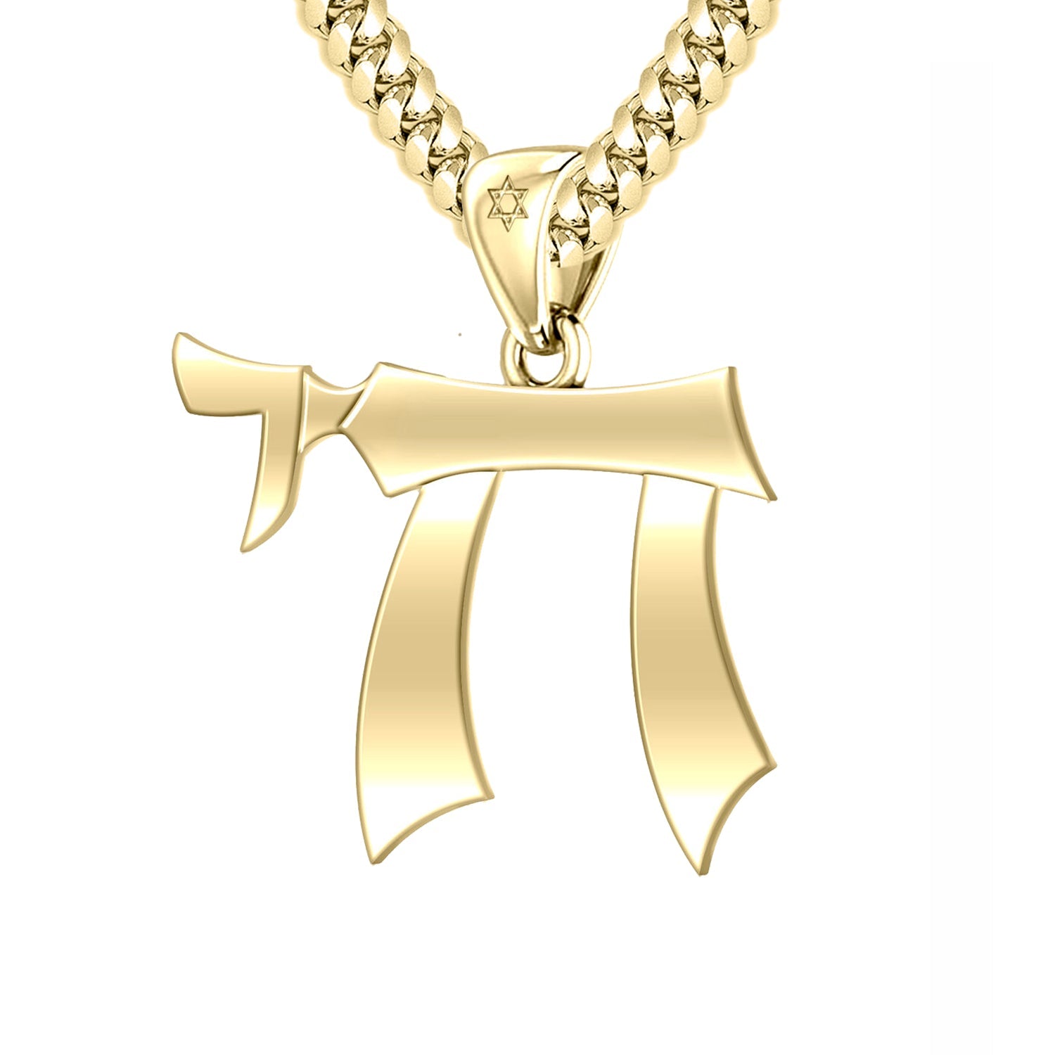 Men's Large 10K or 14K Yellow Gold Jewish Chai Sign of Life Pendant Necklace, 32mm - US Jewels