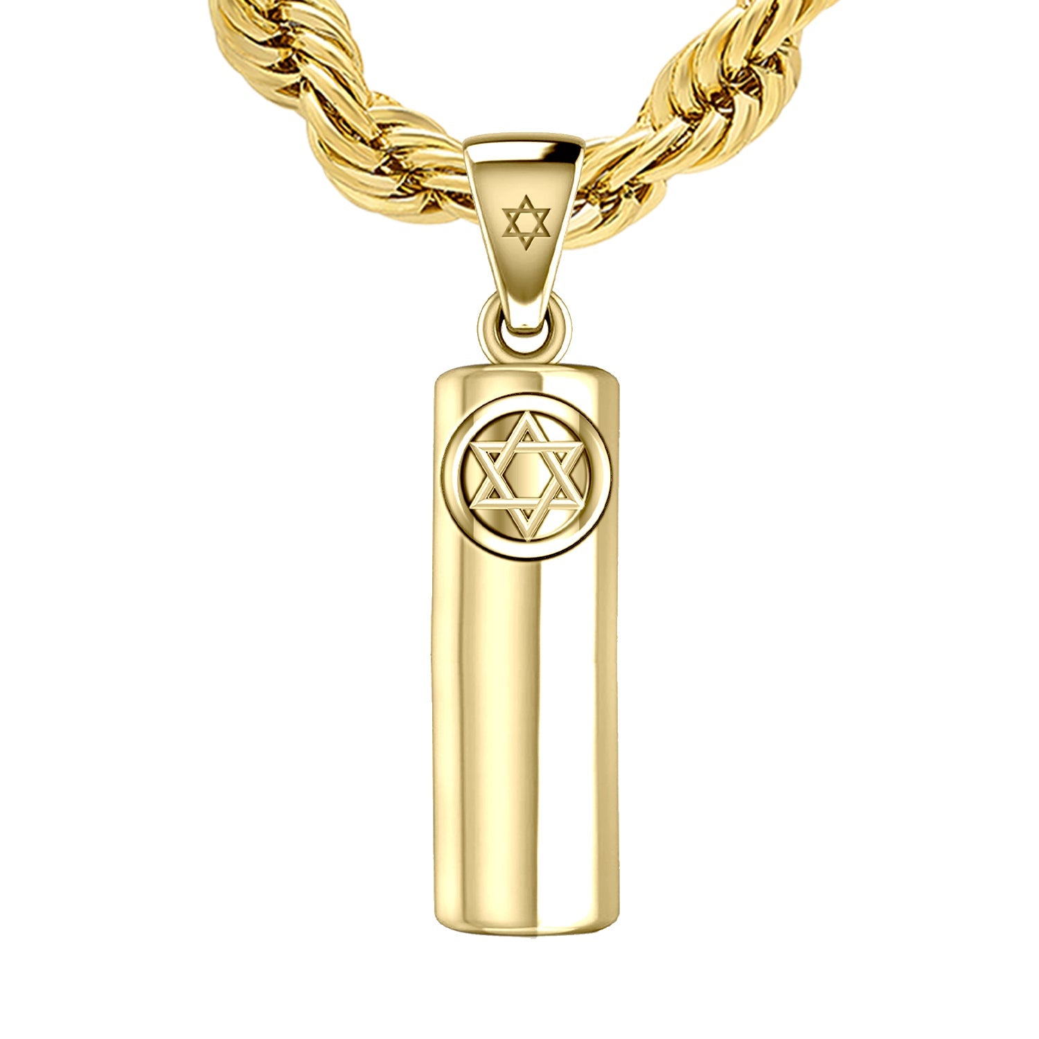 Men's Large 10K or 14K Yellow Gold Jewish Star of David Mezuzah Pendant Necklace, 40mm - US Jewels