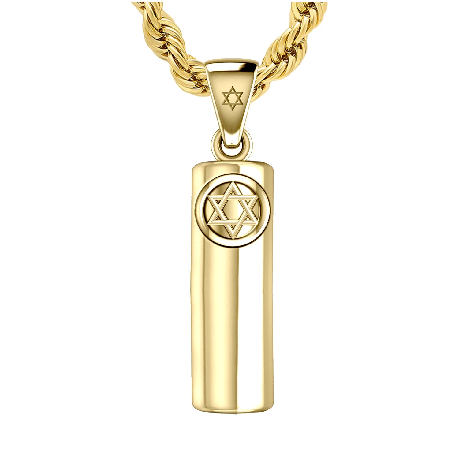 Men's Large 10K or 14K Yellow Gold Jewish Star of David Mezuzah Pendant Necklace, 40mm - US Jewels