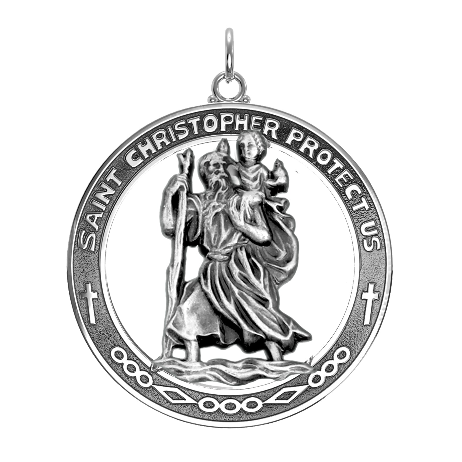 Men's Large 925 Sterling Silver Saint Christopher Round Antique Pendant Necklace, 37mm - US Jewels