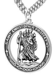 Men's Large 925 Sterling Silver Saint Christopher Round Antique Pendant Necklace, 37mm - US Jewels