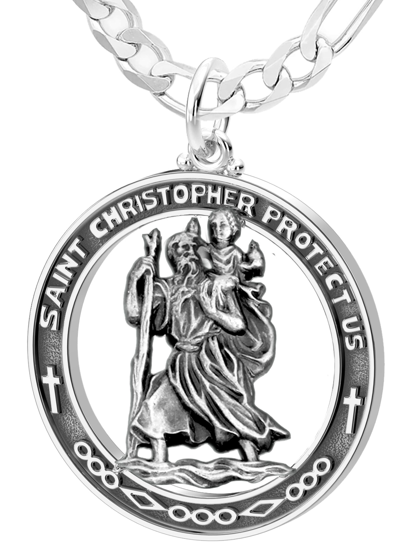 Men's Large 925 Sterling Silver Saint Christopher Round Antique Pendant Necklace, 37mm - US Jewels