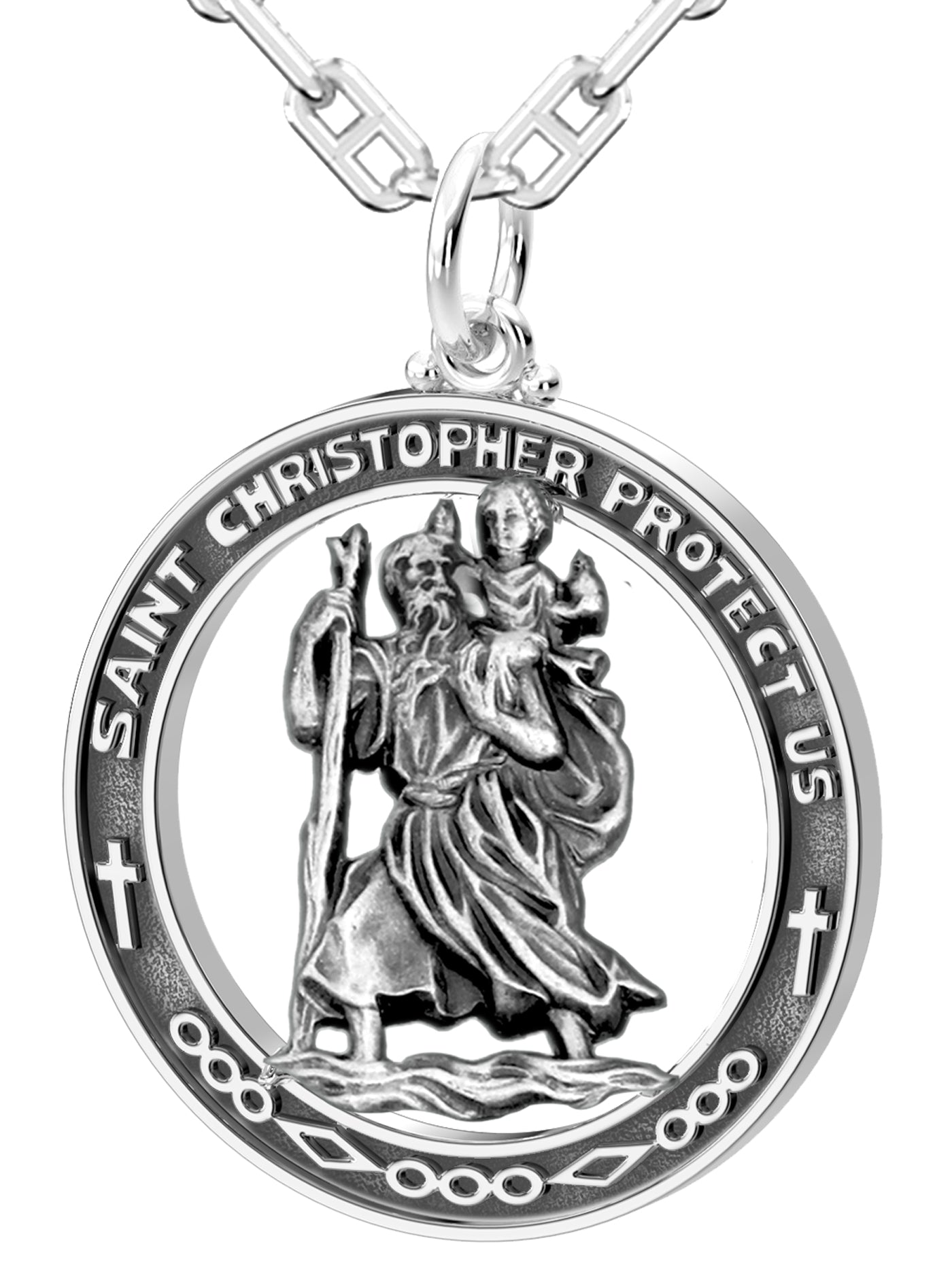 Men's Large 925 Sterling Silver Saint Christopher Round Antique Pendant Necklace, 37mm - US Jewels