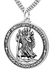 Men's Large 925 Sterling Silver Saint Christopher Round Antique Pendant Necklace, 37mm - US Jewels