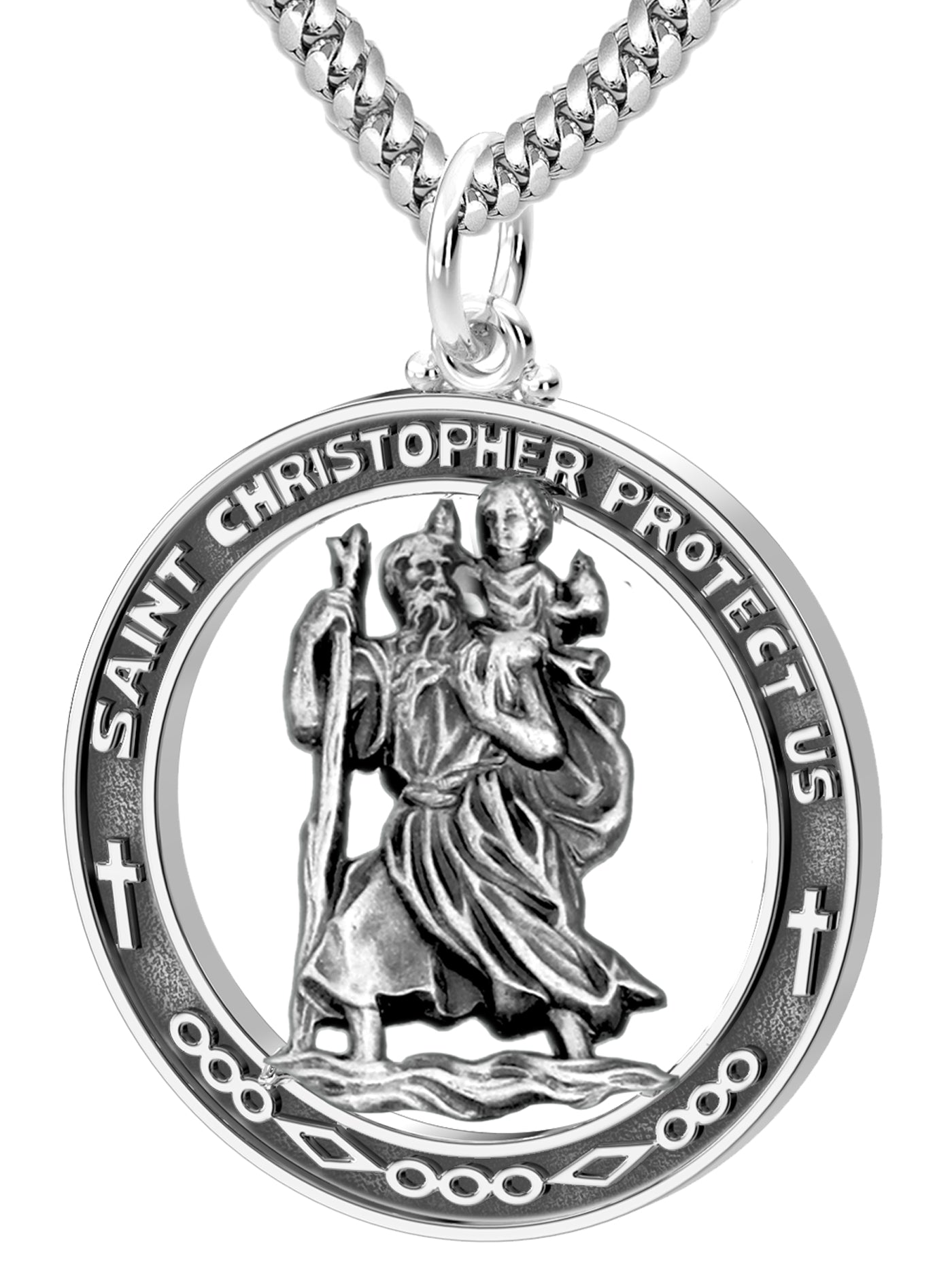 Men's Large 925 Sterling Silver Saint Christopher Round Antique Pendant Necklace, 37mm - US Jewels
