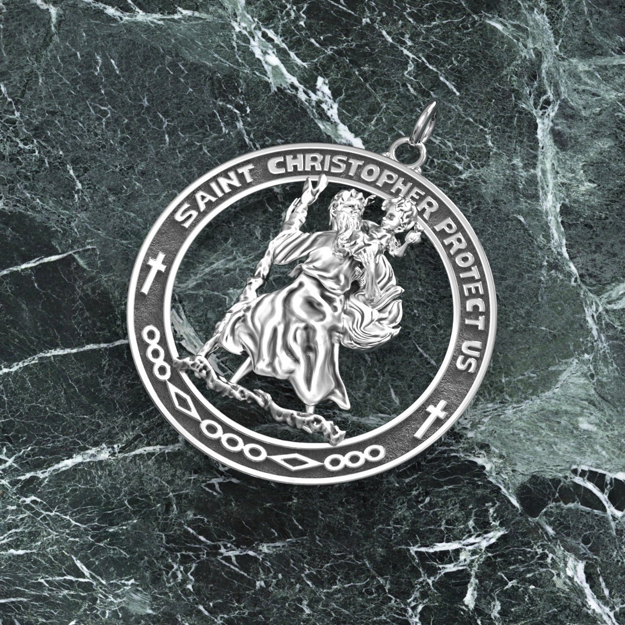 Men's Large 925 Sterling Silver Saint Christopher Round Antique Pendant Necklace, 37mm - US Jewels