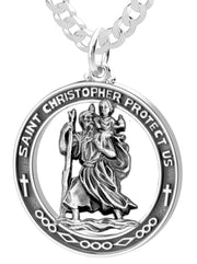 Men's Large 925 Sterling Silver Saint Christopher Round Antique Pendant Necklace, 37mm - US Jewels