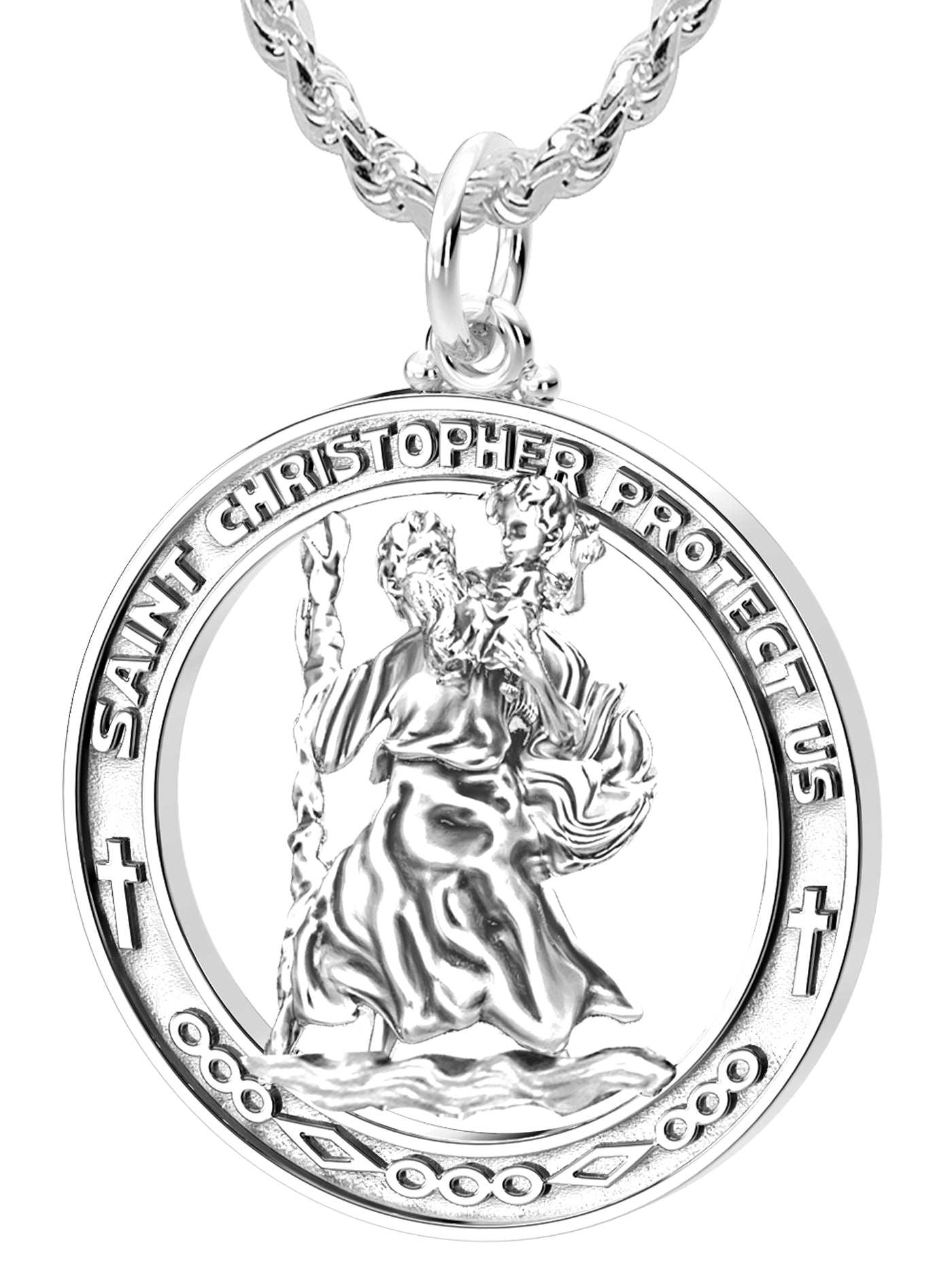 Men's Large 925 Sterling Silver Saint Christopher Round Polished Pendant Necklace, 37mm - US Jewels