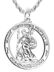 Men's Large 925 Sterling Silver Saint Christopher Round Polished Pendant Necklace, 37mm - US Jewels