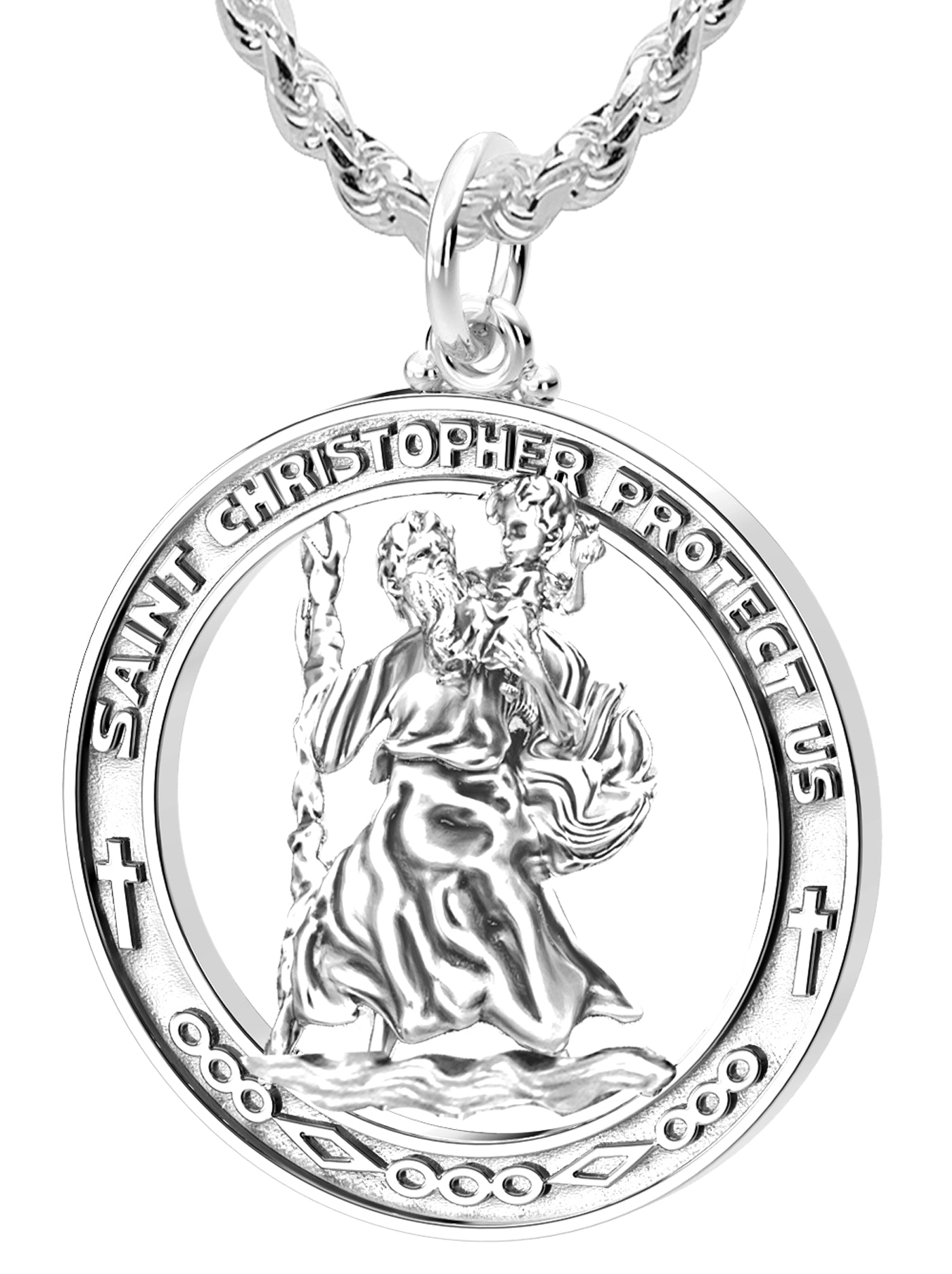 Men's Large 925 Sterling Silver Saint Christopher Round Polished Pendant Necklace, 37mm - US Jewels