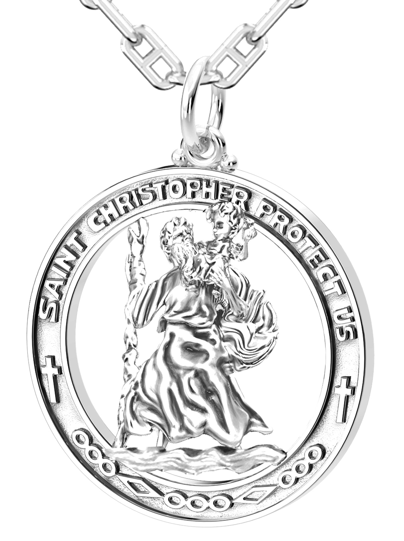 Men's Large 925 Sterling Silver Saint Christopher Round Polished Pendant Necklace, 37mm - US Jewels