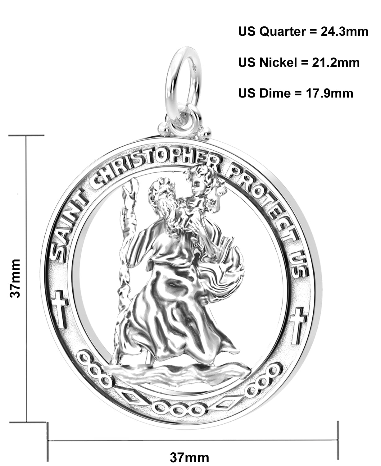 Men's Large 925 Sterling Silver Saint Christopher Round Polished Pendant Necklace, 37mm - US Jewels