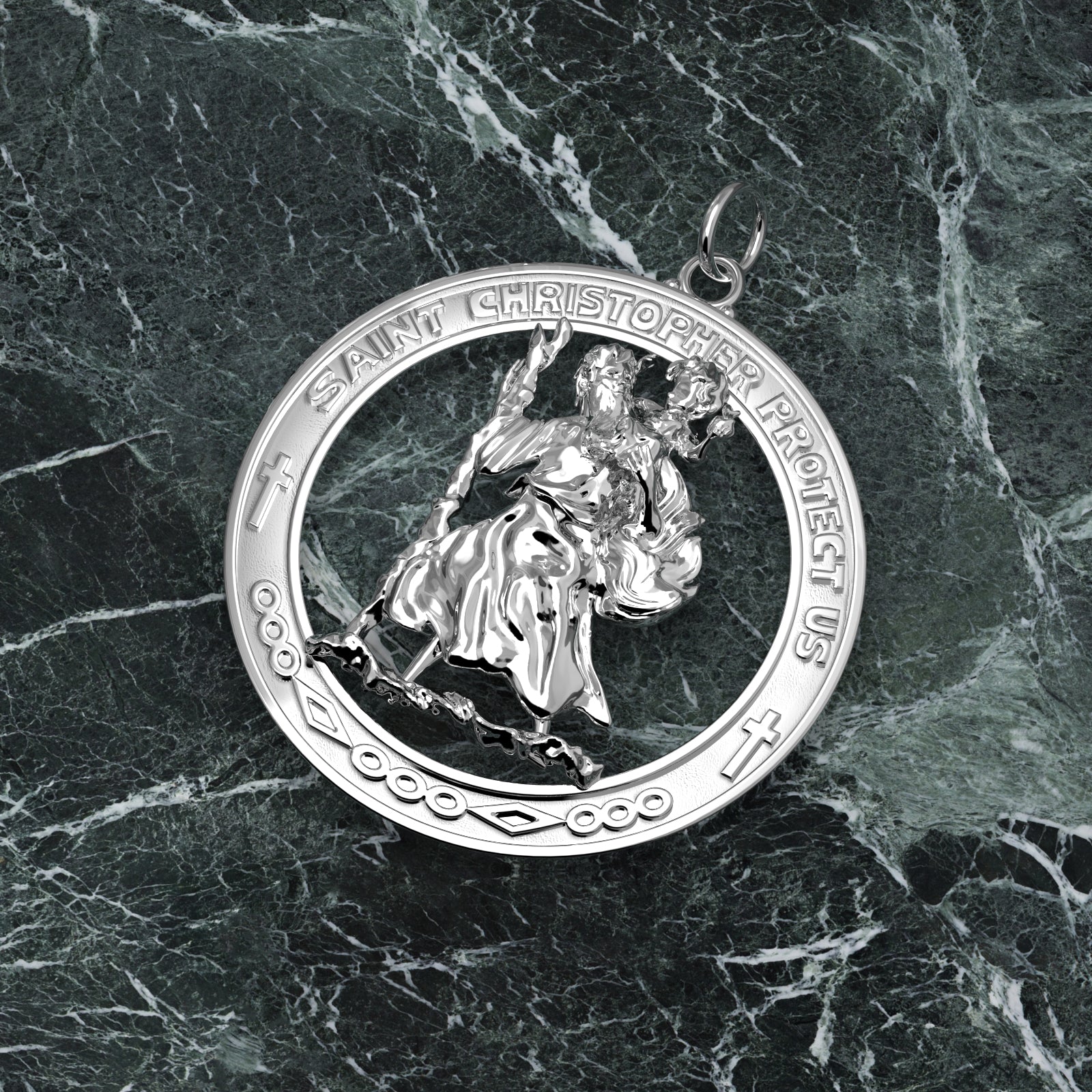 Men's Large 925 Sterling Silver Saint Christopher Round Polished Pendant Necklace, 37mm - US Jewels