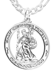 Men's Large 925 Sterling Silver Saint Christopher Round Polished Pendant Necklace, 37mm - US Jewels
