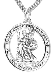 Men's Large 925 Sterling Silver Saint Christopher Round Polished Pendant Necklace, 37mm - US Jewels