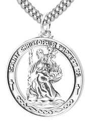Men's Large 925 Sterling Silver Saint Christopher Round Polished Pendant Necklace, 37mm - US Jewels