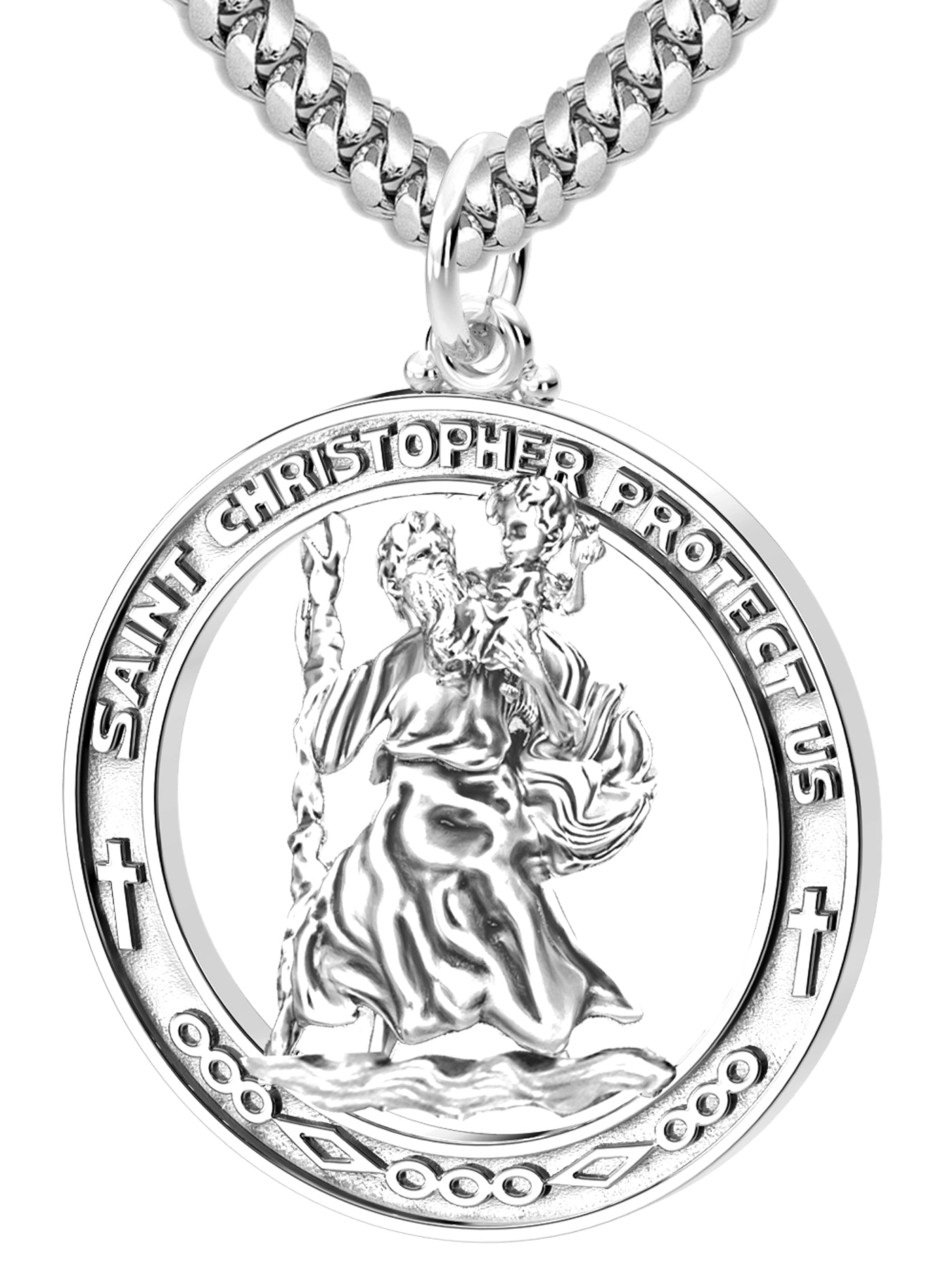 Men's Large 925 Sterling Silver Saint Christopher Round Polished Pendant Necklace, 37mm - US Jewels