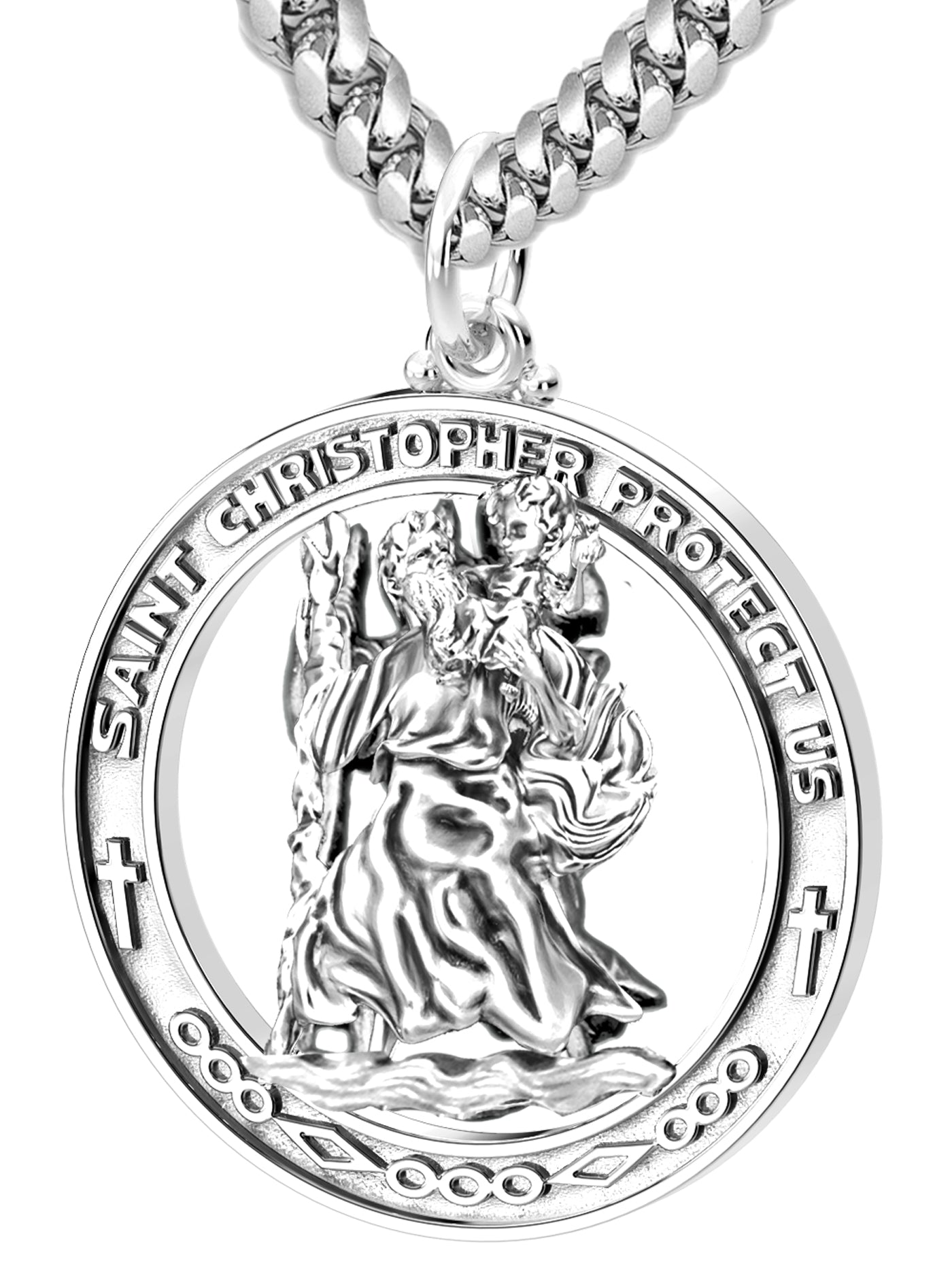 Men's Large 925 Sterling Silver Saint Christopher Round Polished Pendant Necklace, 37mm - US Jewels