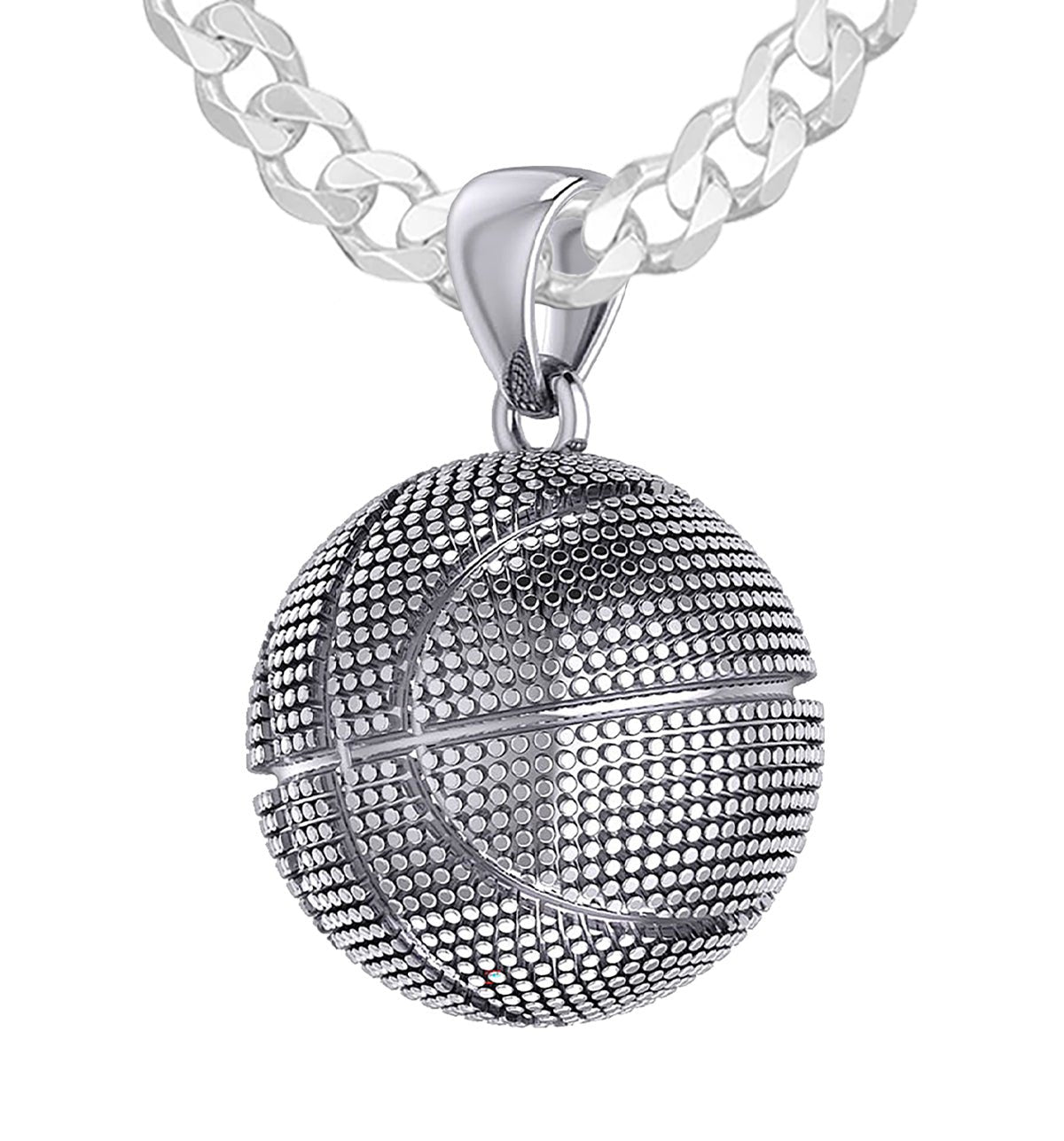 Men's Large 925 Sterling Silver Textured Basketball Sports Pendant Necklace, 18.5mm - US Jewels
