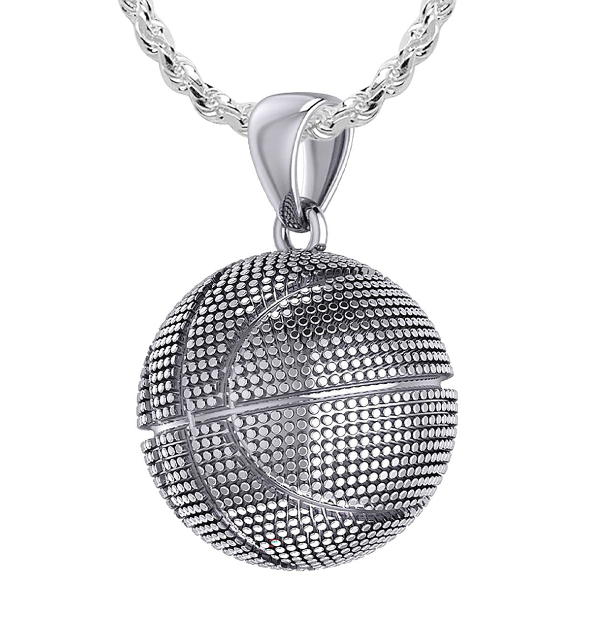 Men's Large 925 Sterling Silver Textured Basketball Sports Pendant Necklace, 18.5mm - US Jewels