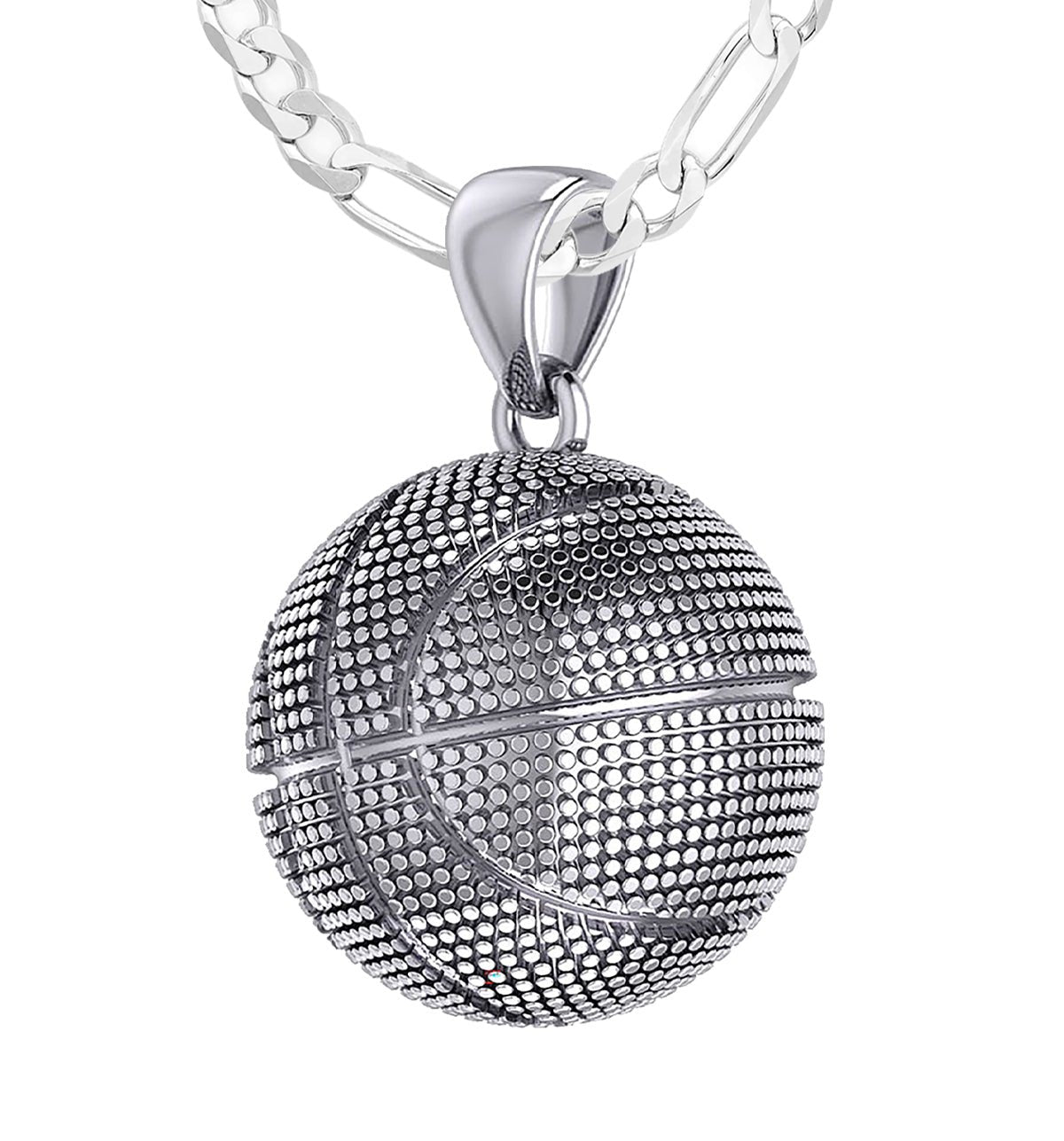 Men's Large 925 Sterling Silver Textured Basketball Sports Pendant Necklace, 18.5mm - US Jewels