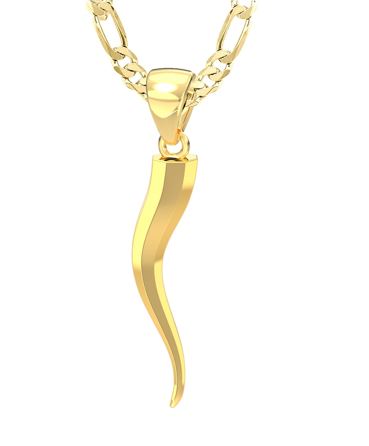 Men's Octagon Solid 14k Italian Horn Cornicello Amulet Pendant Necklace,  30mm - 22in, 3.9mm Figaro Chain