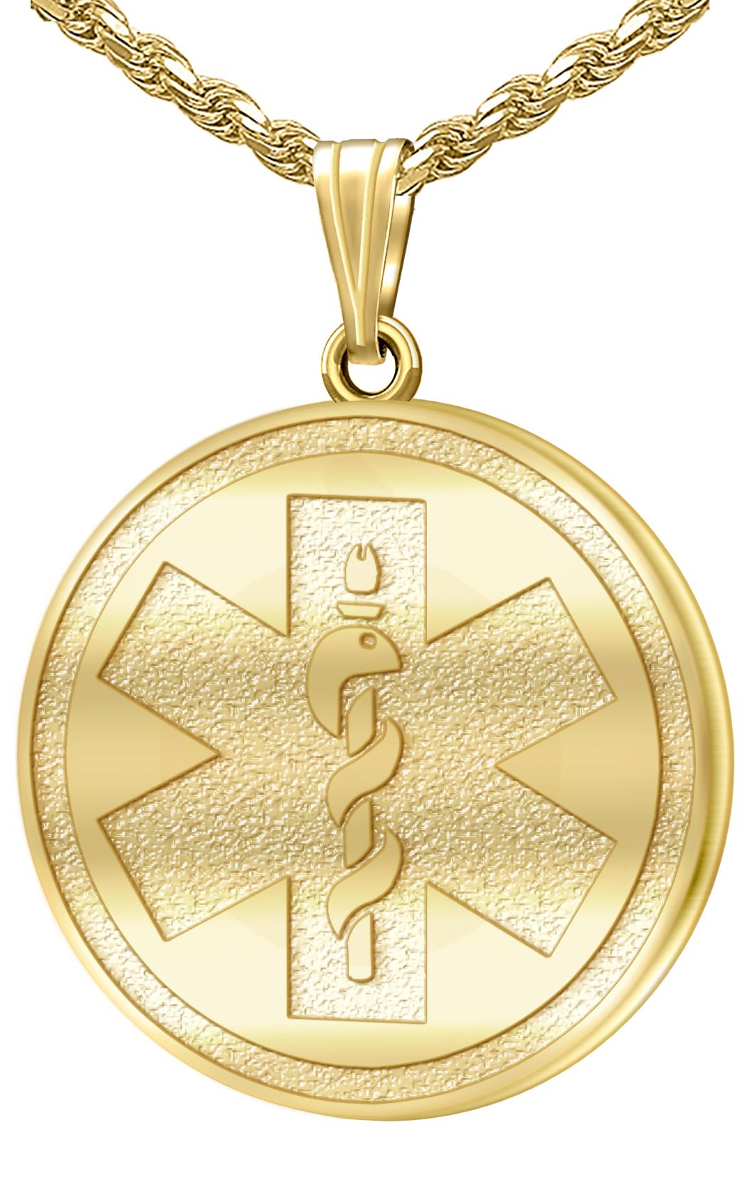 Men's Quarter Size 10k or 14k Yellow or White Gold Engravable Medical ID  Medal Pendant Necklace - 18in 1.9mm Rope Chain / 10k Gold