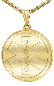 Men's Quarter Size 10k or 14k Yellow or White Gold Engravable Medical ID Medal Pendant Necklace - US Jewels