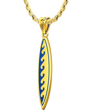 Men's Solid 14k Yellow Gold Surfboard Pendant with Wave Design Necklace, 37mm - US Jewels