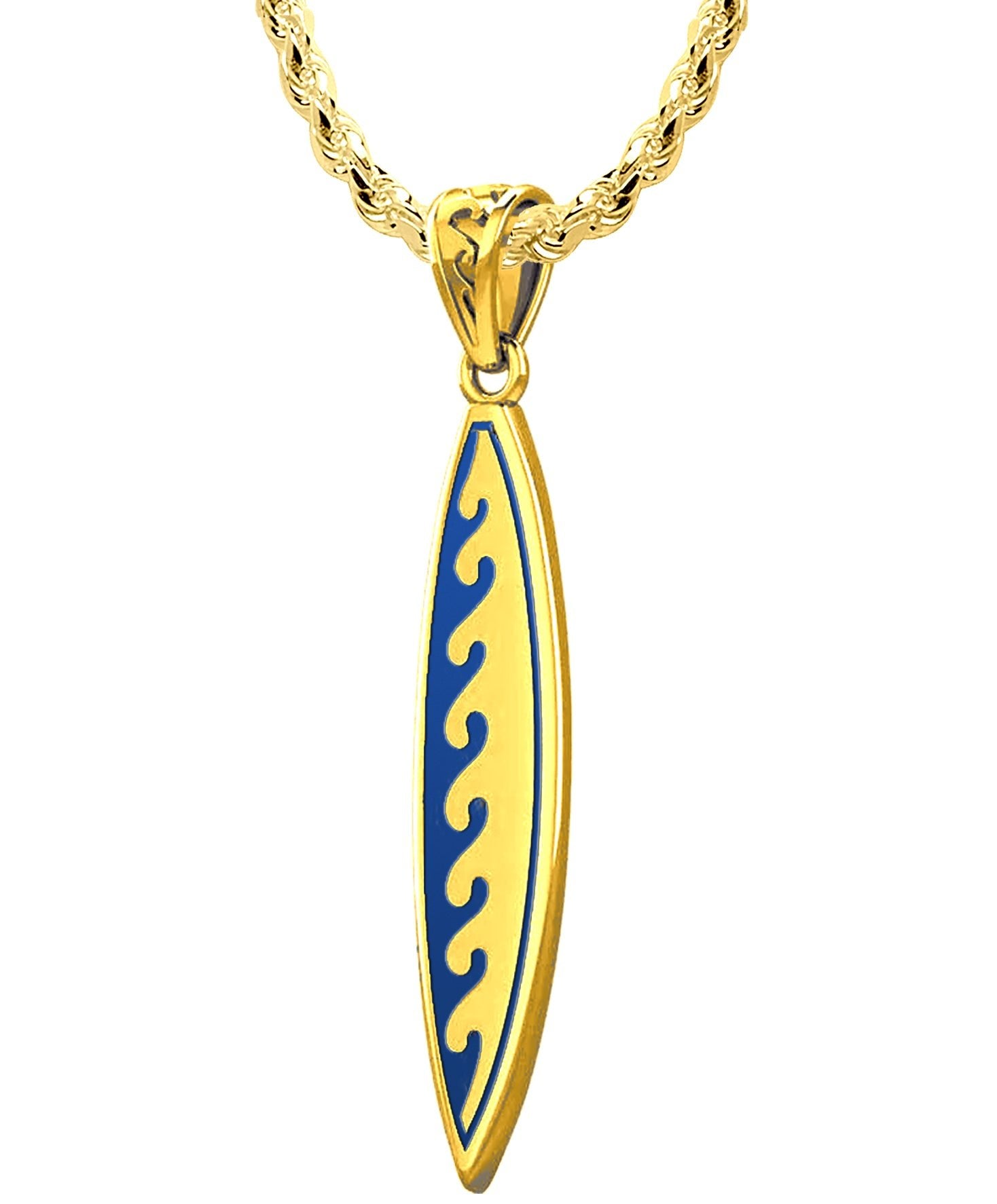 Men's Solid 14k Yellow Gold Surfboard Pendant with Wave Design Necklace, 37mm - US Jewels