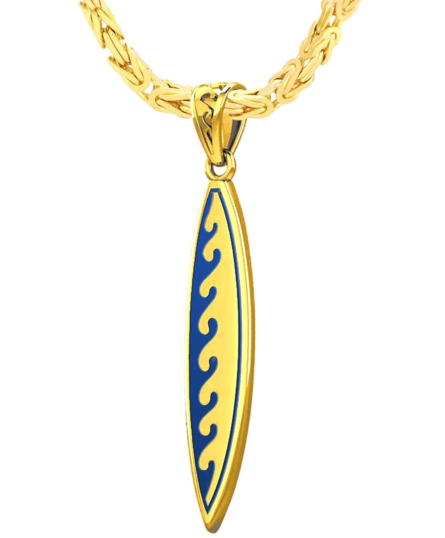 Men's Solid 14k Yellow Gold Surfboard Pendant with Wave Design Necklace, 37mm - US Jewels