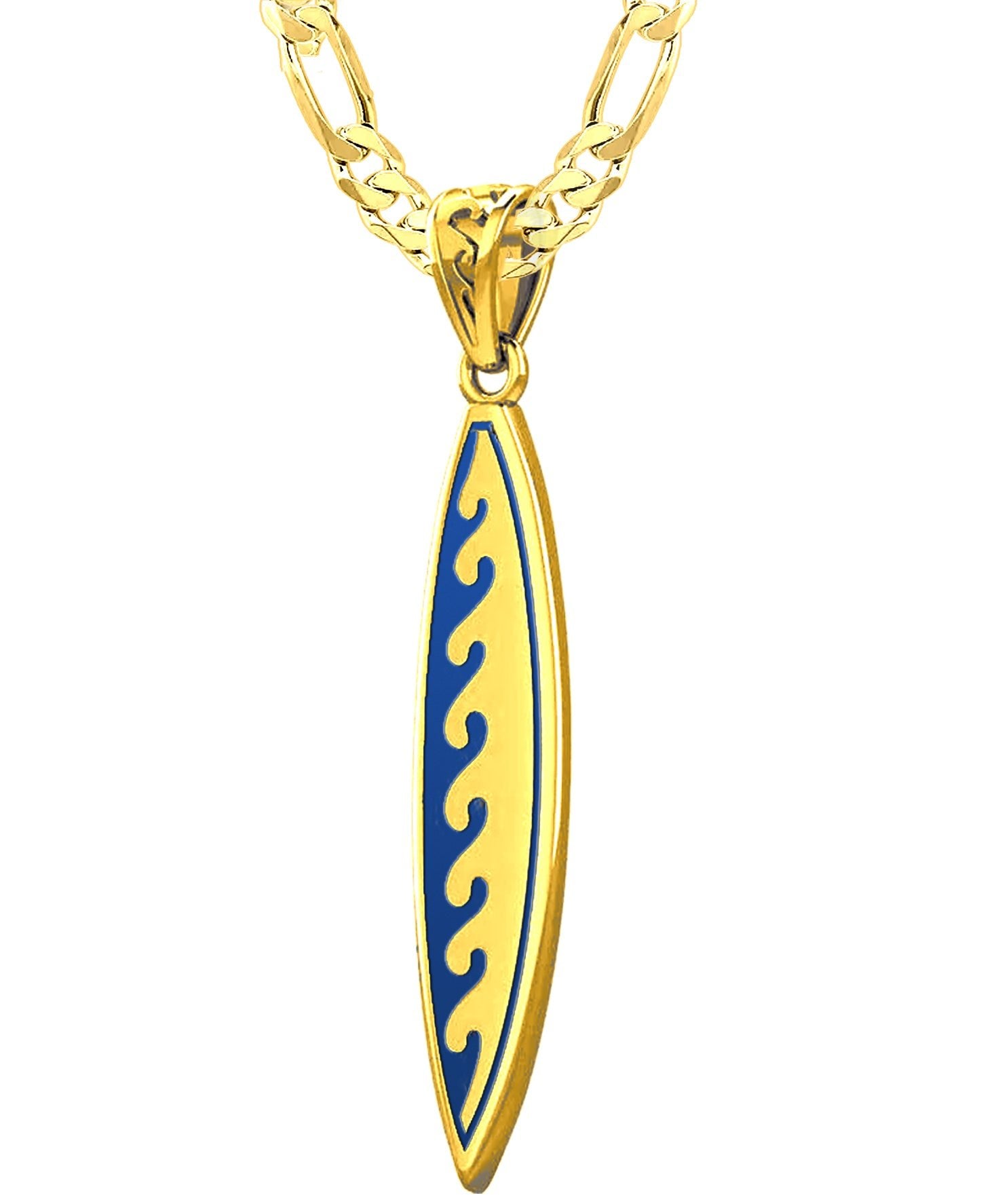 Men's Solid 14k Yellow Gold Surfboard Pendant with Wave Design Necklace, 37mm - US Jewels