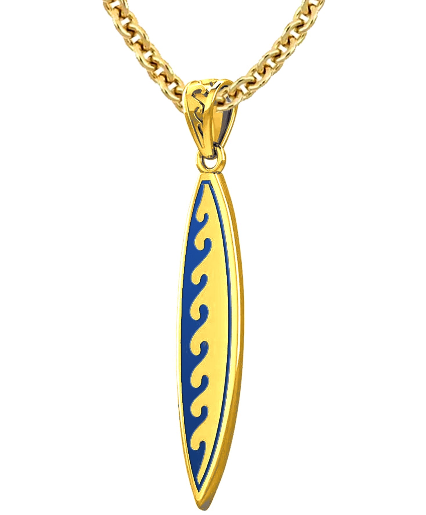 Men's Solid 14k Yellow Gold Surfboard Pendant with Wave Design Necklace, 37mm - US Jewels