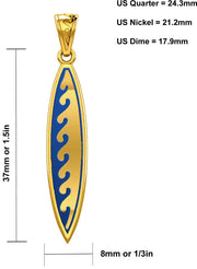 Men's Solid 14k Yellow Gold Surfboard Pendant with Wave Design Necklace, 37mm - US Jewels