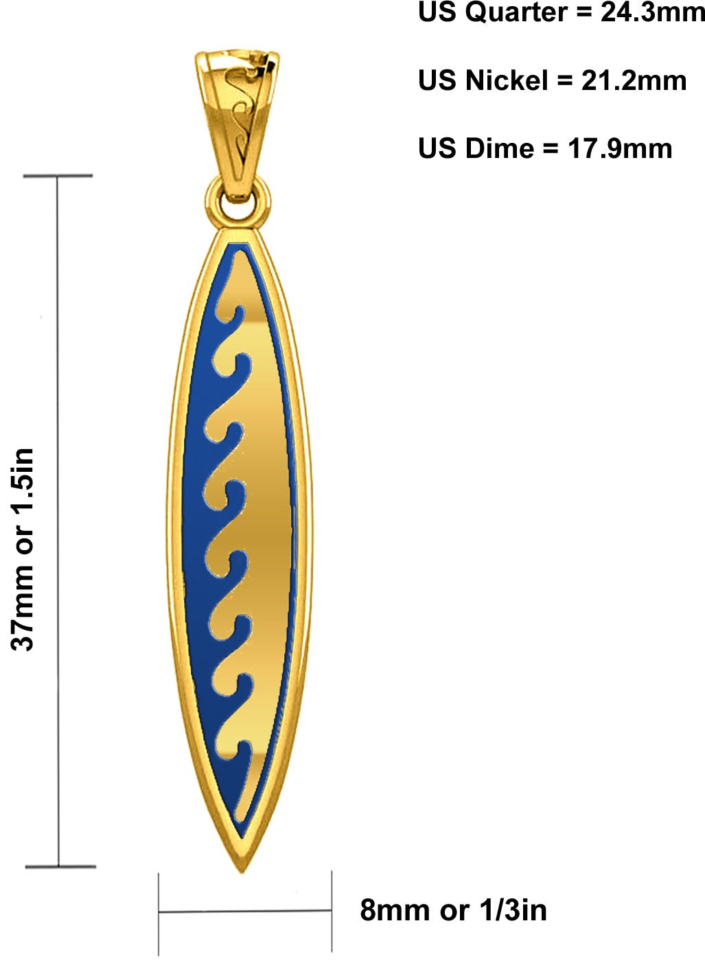 Men's Solid 14k Yellow Gold Surfboard Pendant with Wave Design Necklace, 37mm - US Jewels
