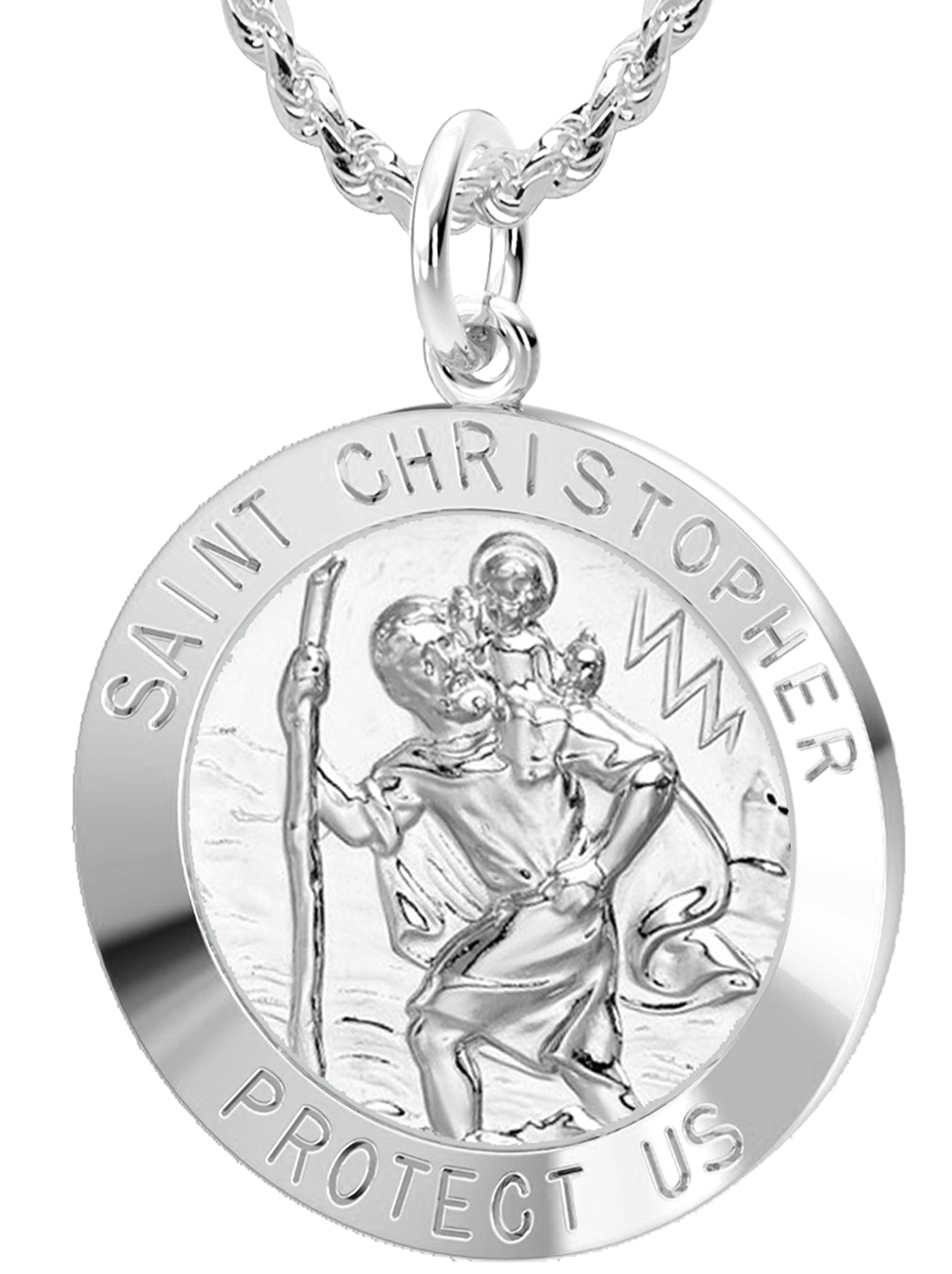 Men's Solid 925 Sterling Silver Saint Christopher Round Polished Pendant Necklace, 25mm - US Jewels