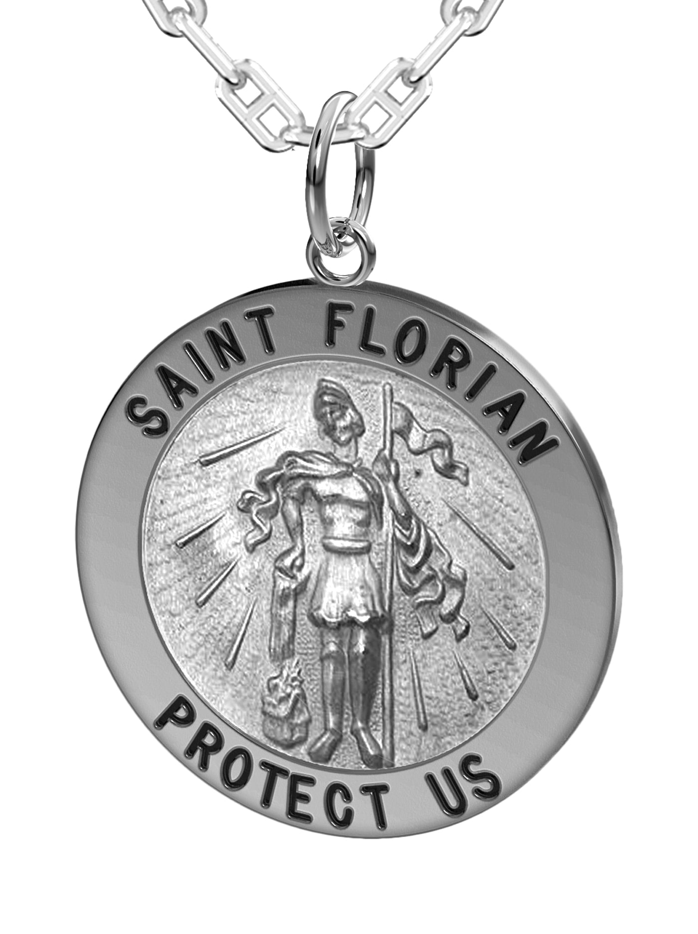 Men's Solid 925 Sterling Silver Saint Florian Round Antique Pendant Necklace, 25mm - US Jewels