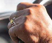 Men's Two Tone 925 Sterling Silver and 14k Yellow Gold Simulated Ruby Fire Fighter Ring - US Jewels