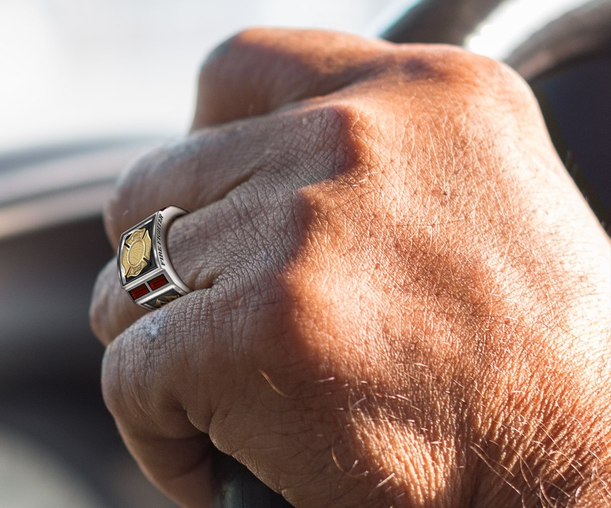 Men's Two Tone 925 Sterling Silver and 14k Yellow Gold Simulated Ruby Fire Fighter Ring - US Jewels