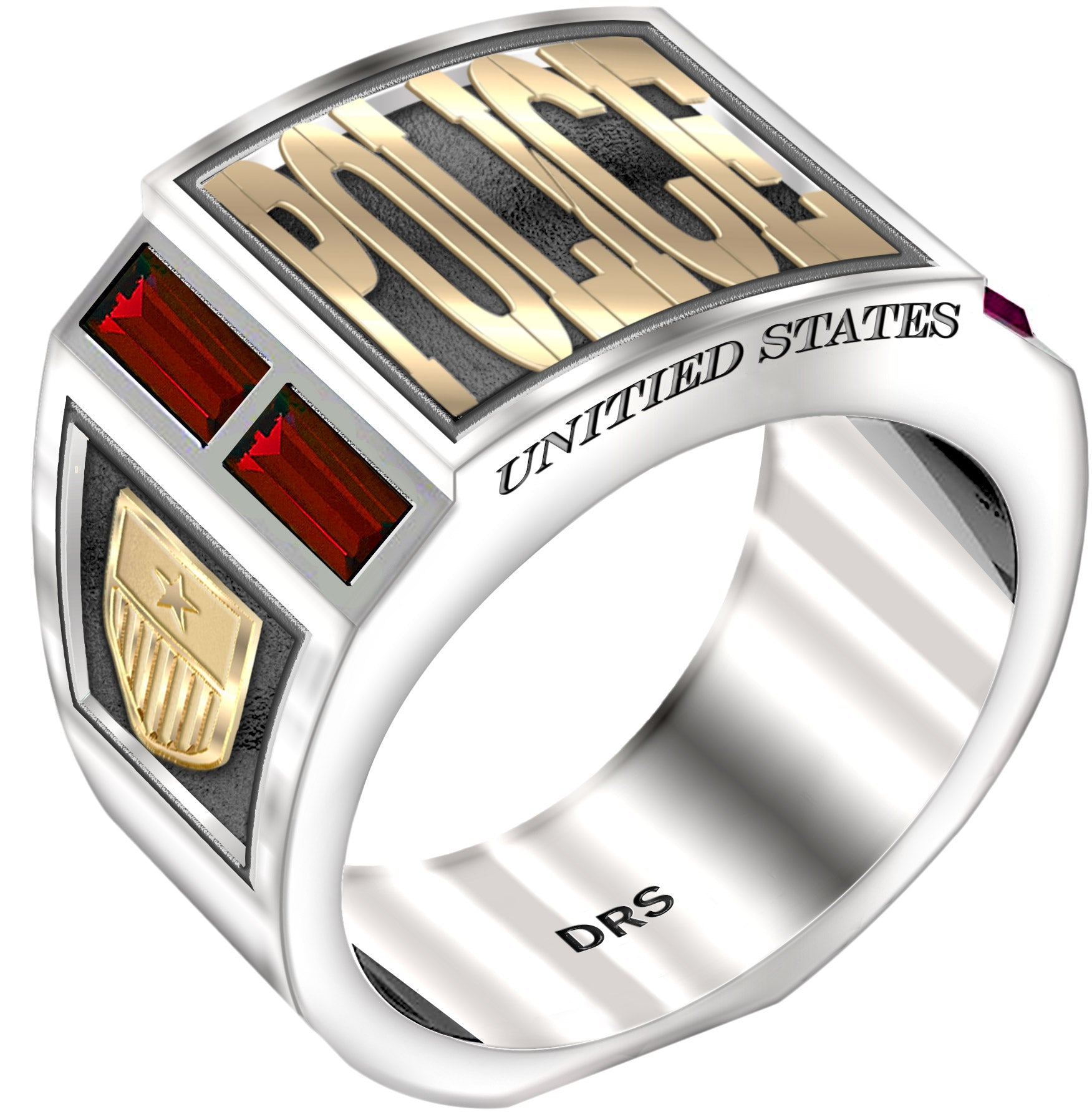 Men's Two Tone 925 Sterling Silver and 14k Yellow Gold Simulated Ruby Police Medical Ring - US Jewels
