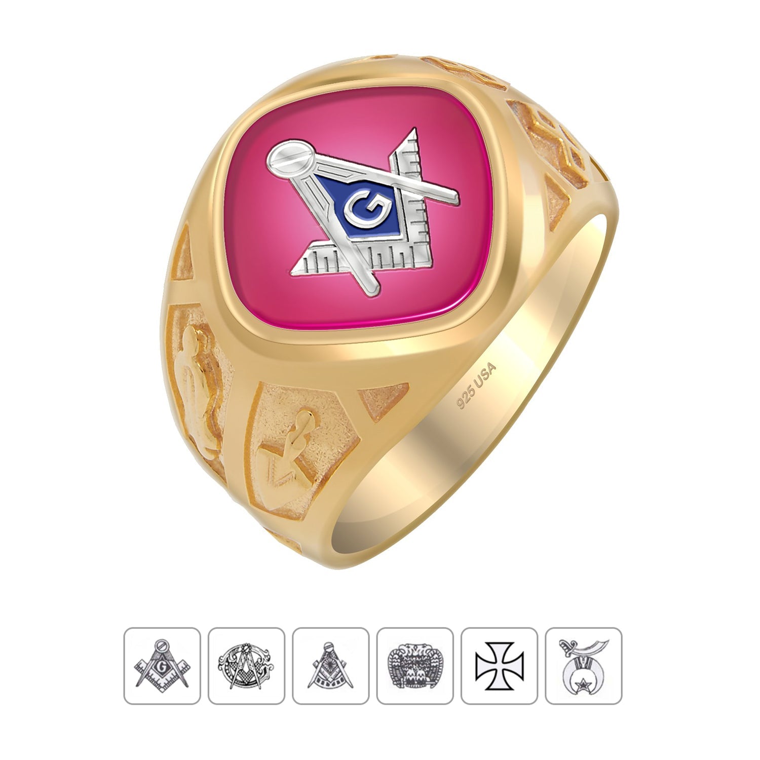 Men's Two Tone 925 Sterling Silver Vermeil Masonic Solid Back Ring - US Jewels