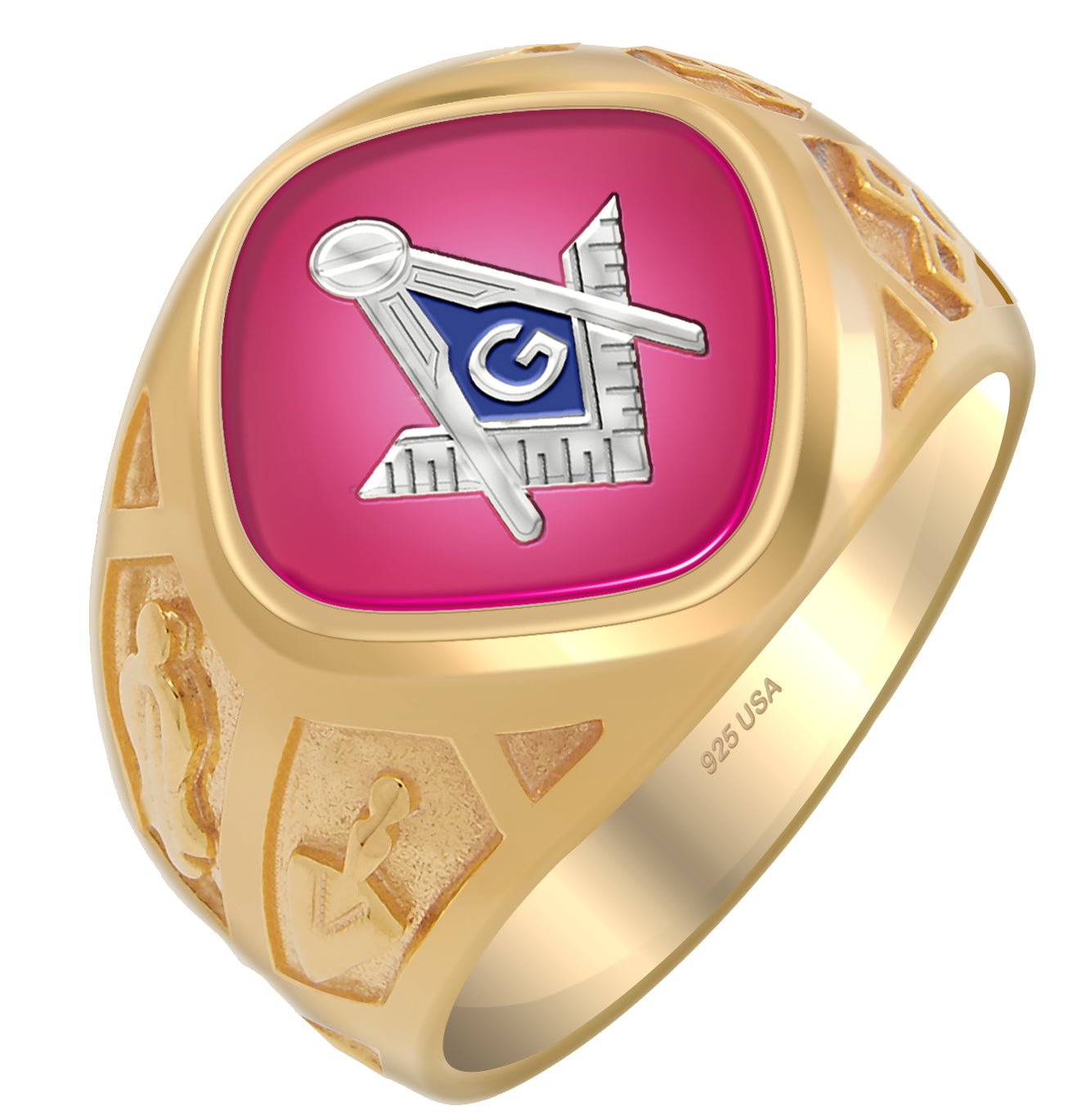 Men's Two Tone 925 Sterling Silver Vermeil Masonic Solid Back Ring - US Jewels