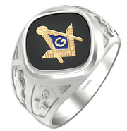Men's Two Tone 925 Sterling Silver Vermeil Masonic Solid Back Ring - US Jewels
