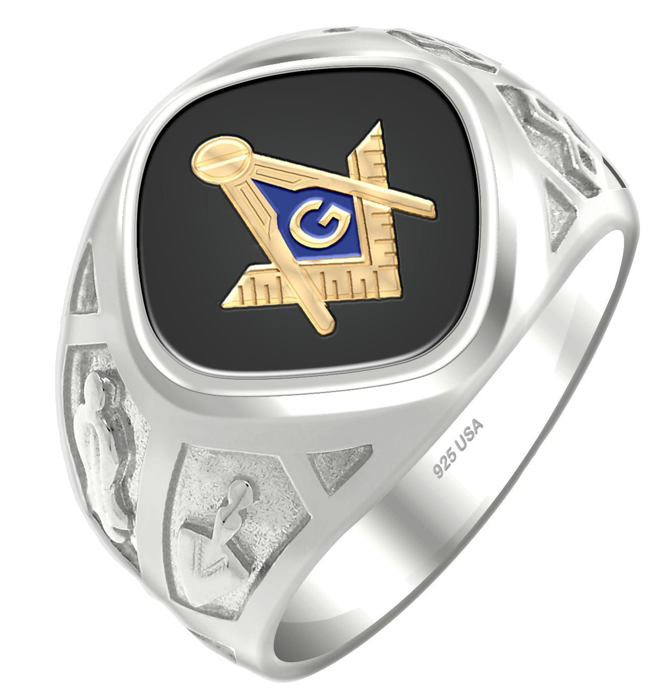 Men's Two Tone 925 Sterling Silver Vermeil Masonic Solid Back Ring - US Jewels
