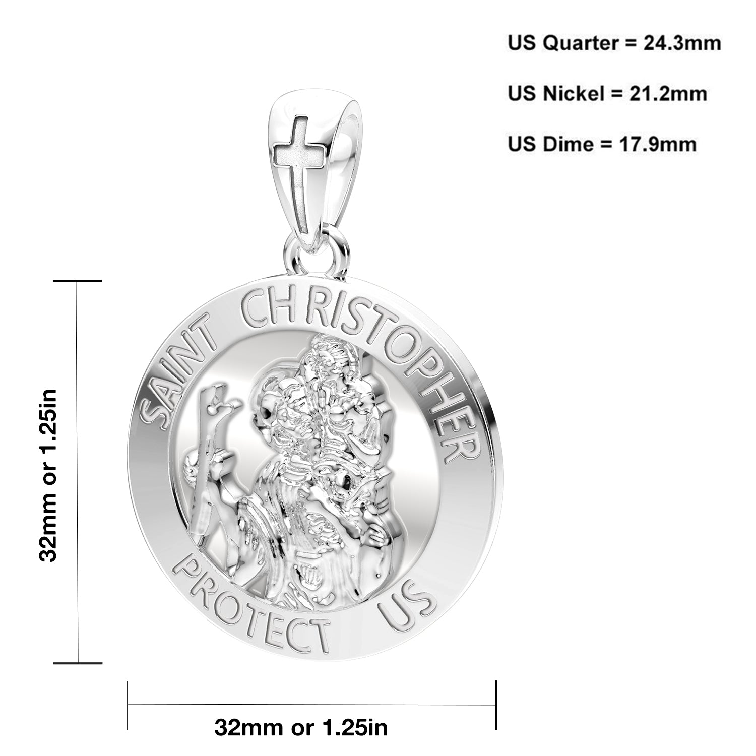 Men's XL 10K or 14K White Gold 1.25in St Saint Christopher Medal High Polished Pendant, 32mm - US Jewels