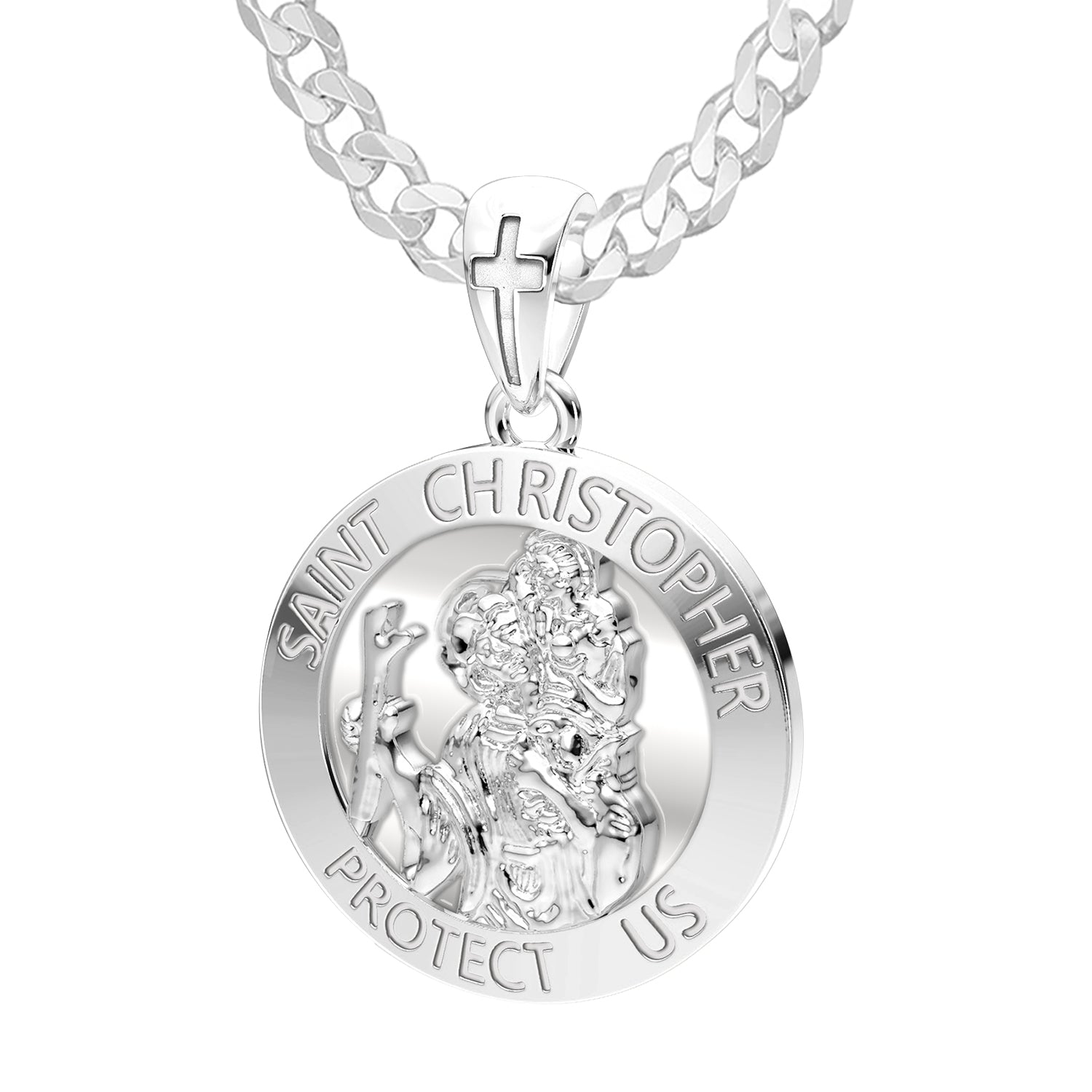 Men's XL 925 Sterling Silver 1.25in St Saint Christopher Medal High Polished Pendant Necklace, 32mm - US Jewels