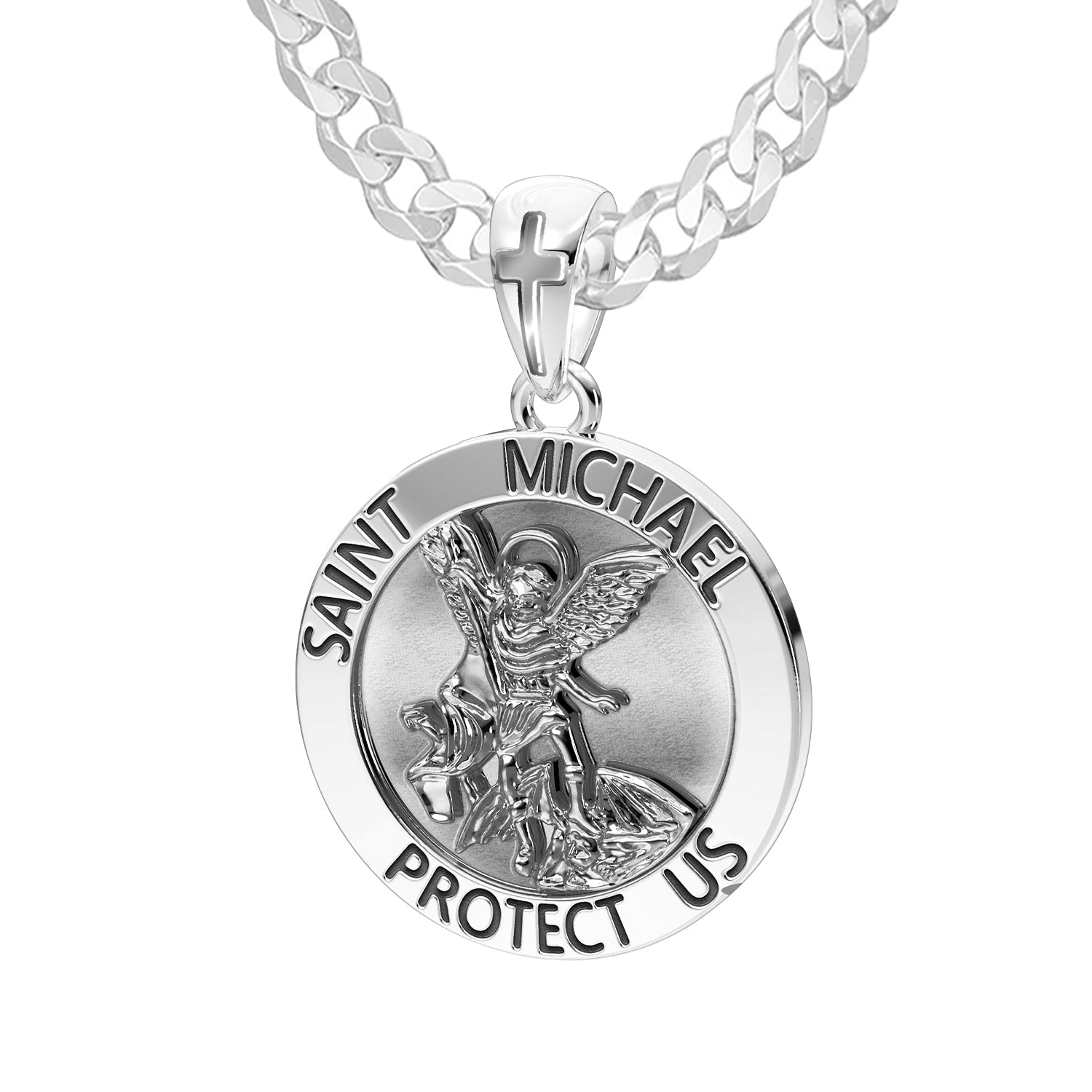 Men's XL 925 Sterling Silver 1.25in St Saint Michael Medal Antique Finish Round Pendant Necklace, 32mm - US Jewels