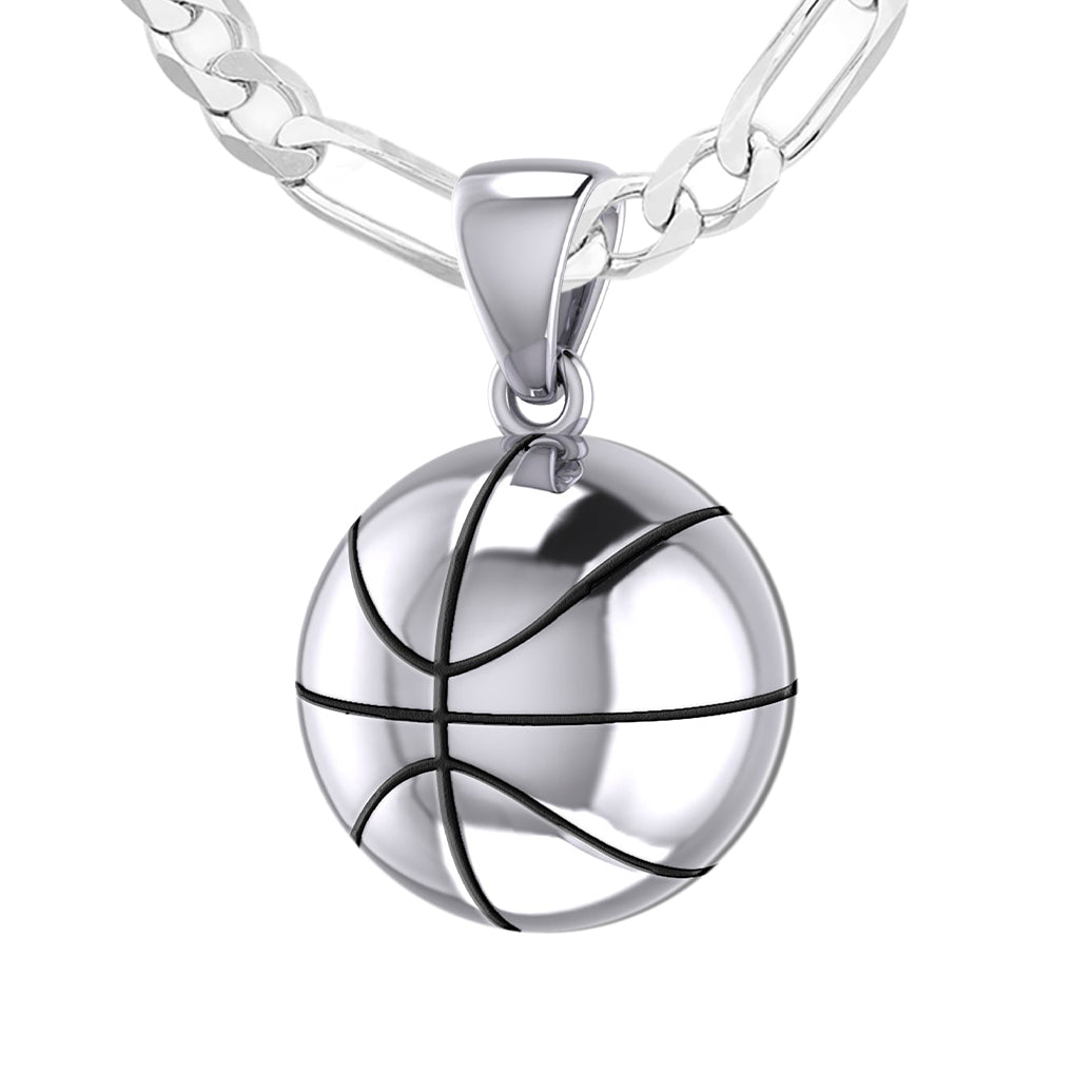 Small 925 Sterling Silver 3D Basketball Pendant Necklace, 13mm - US Jewels