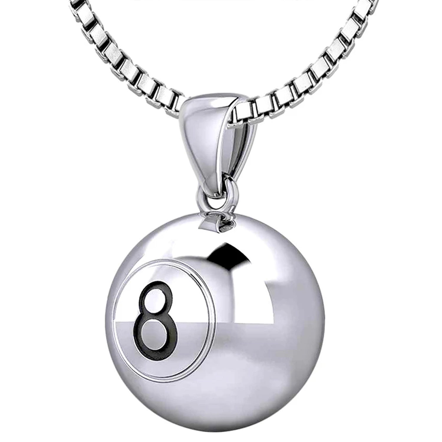 Small 925 Sterling Silver 3D Eight 8 Ball Billiards Pendant Necklace, 13mm - US Jewels