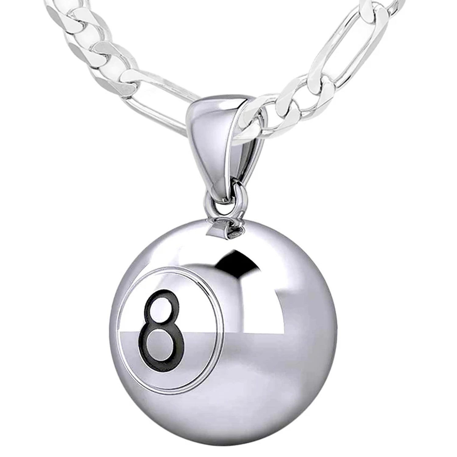 Small 925 Sterling Silver 3D Eight 8 Ball Billiards Pendant Necklace, 13mm - US Jewels